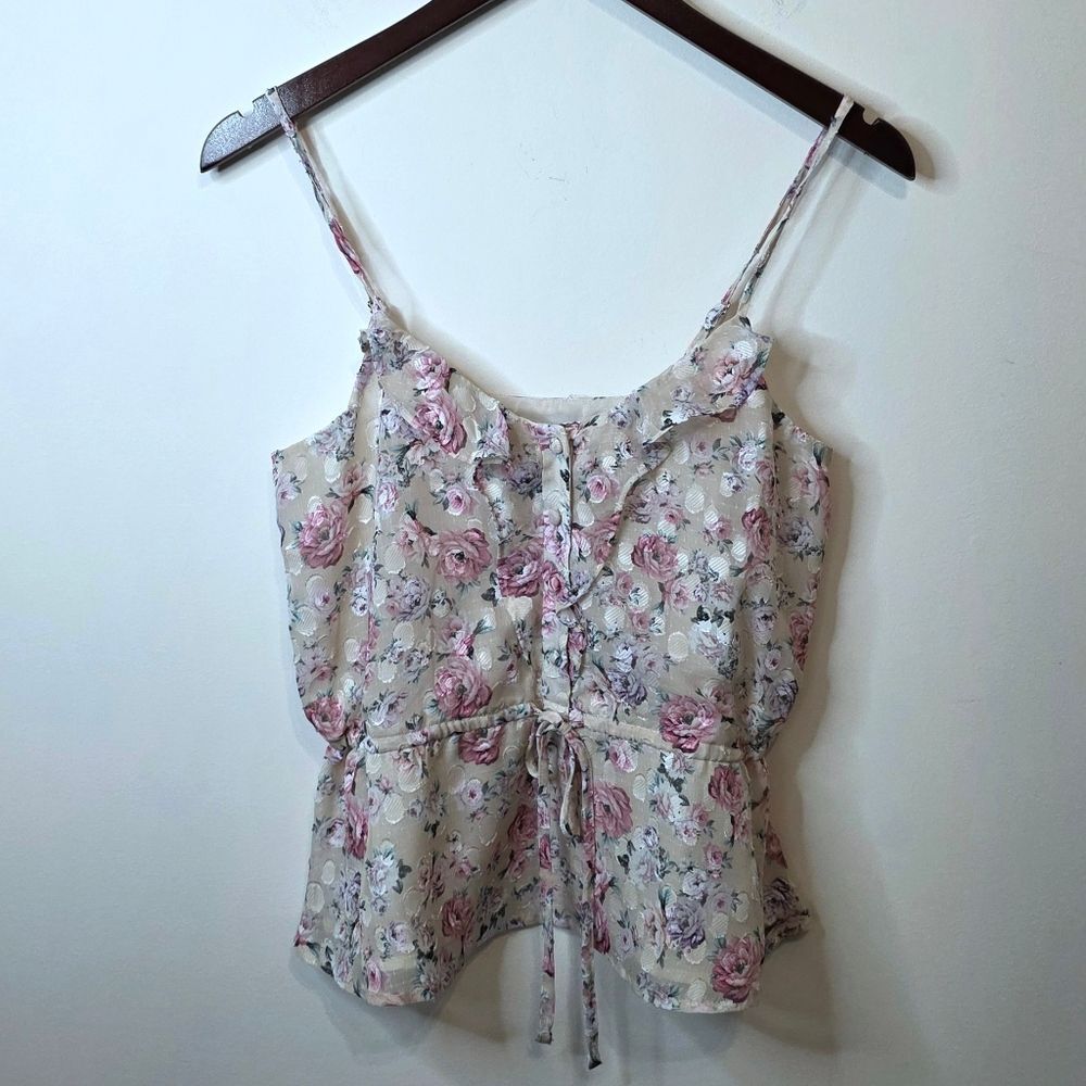 Express Pink Floral Drawstring Tie Waist Peplum Ruffle Cami Top Size XS